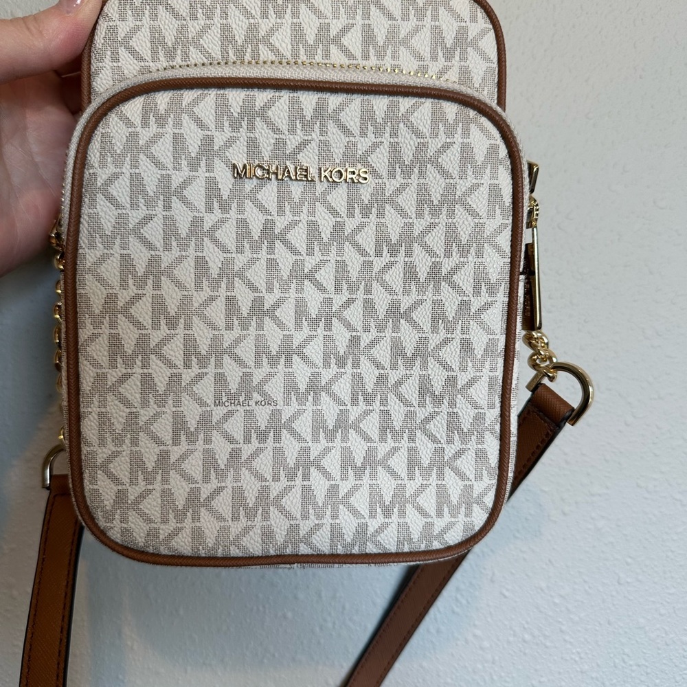 Michael Kors White and Brown Woven Crossbody Bag with Leather Strap